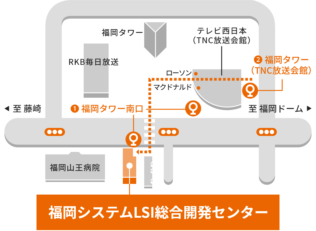 福岡システムLSI総合開発センター周辺の案内図。最寄りのバス停は「福岡タワー南口」と「福岡タワー（TNC放送会館）」の二か所があります。